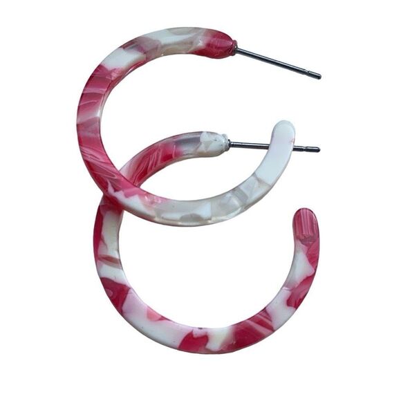 Swirled Red & White Marbleized Acetate Eco Hoop Handmade Earrings Unisex Gift - Picture 4 of 11